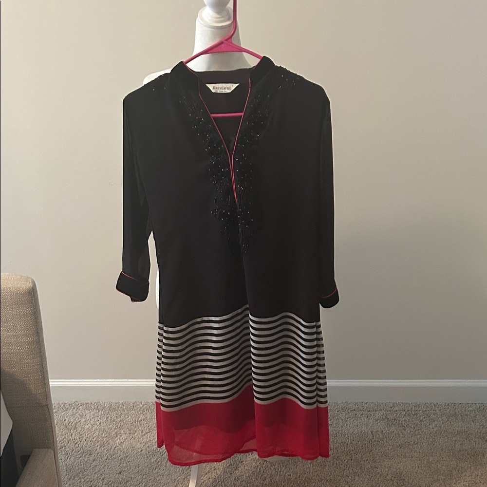 Chic Black Tunic Dress with Red and White Stripes
